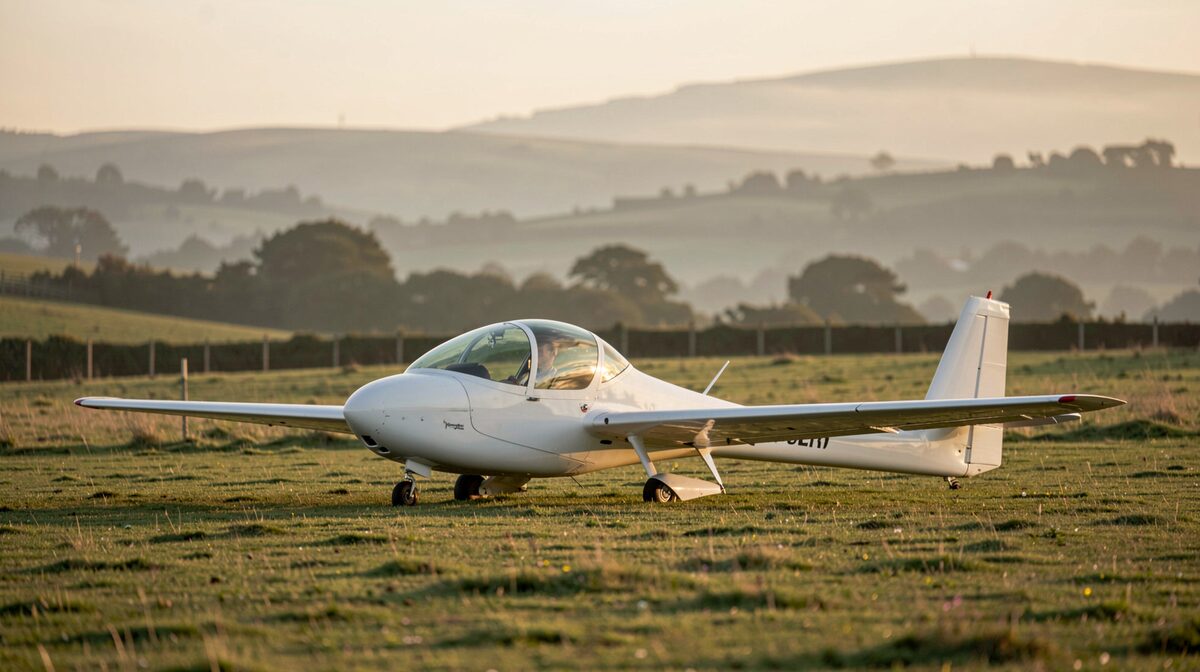 A quiet glider airfield in the English countryside at early morning, a white glider parked on grass with its wing reflecting soft golden light, telephoto framing of the aircraft against distant hills.