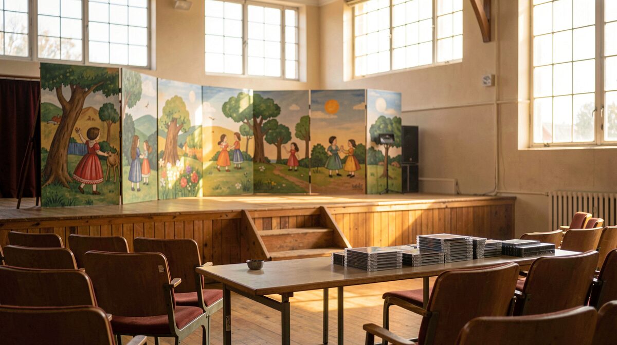 A school hall stage with painted scenery panels and a stack of CD cases on a table, warm afternoon light through high windows, wide shot from the audience seats.