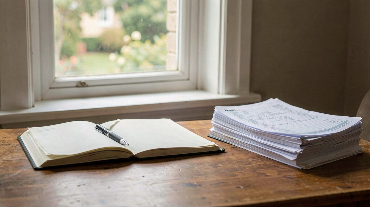 A reading desk by a window with open notebooks, a pen, and a stack of printed property records in afternoon light, framed straight-on.