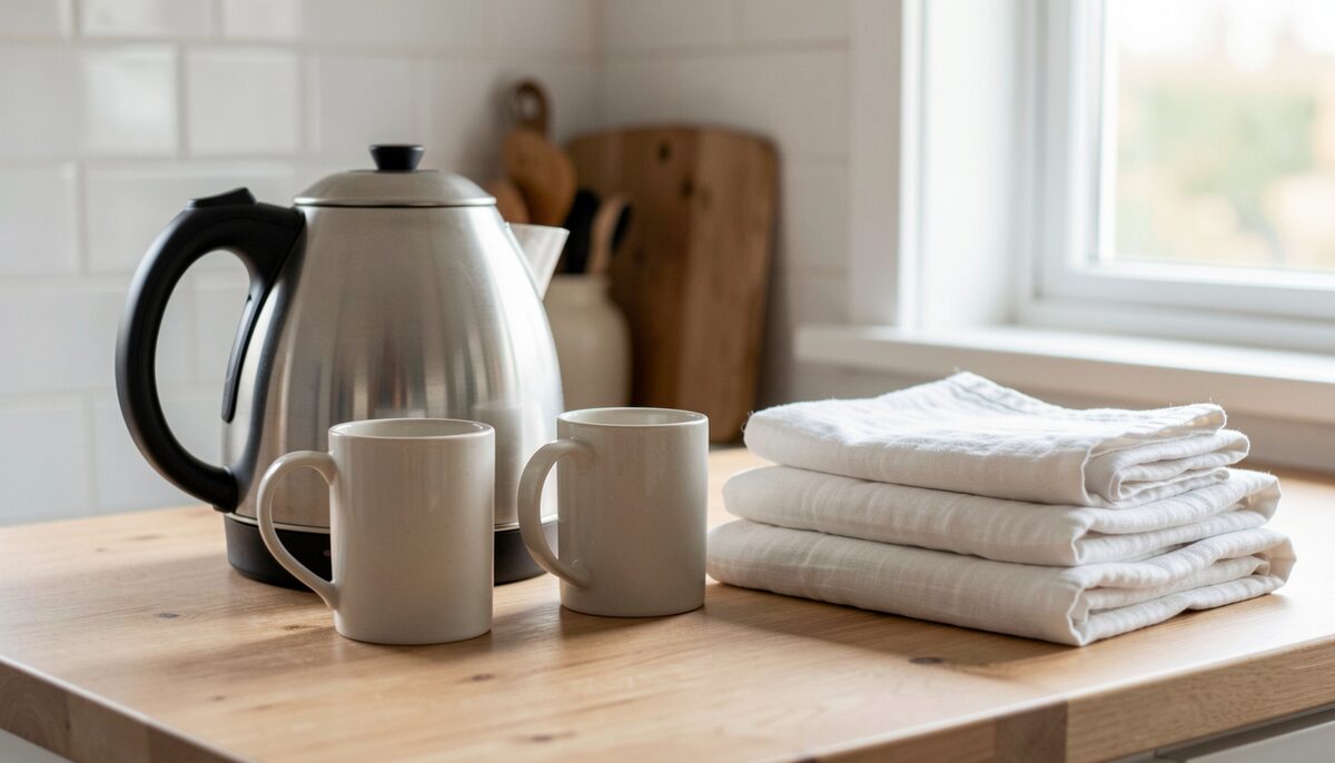 A kettle and two mugs on a kitchen counter beside a small stack of folded muslin cloths, morning light through a window