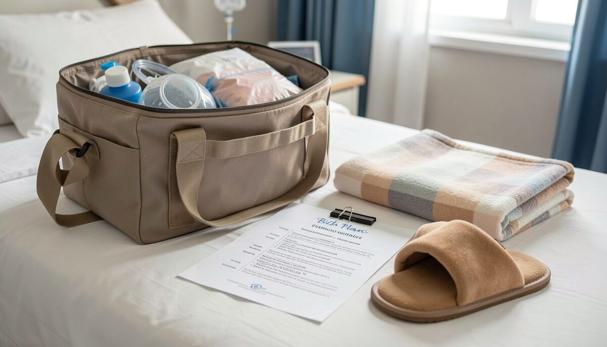 A hospital bag packed on a bed beside a folded blanket, slippers and a printed birth plan held with a paperclip