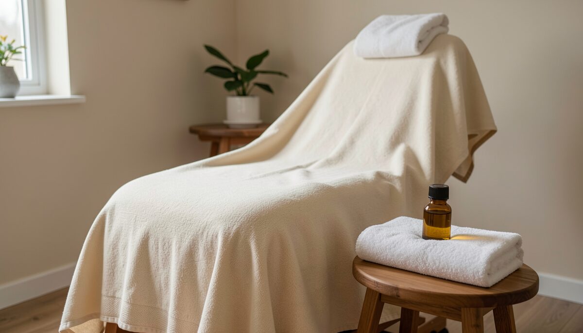 A reclining treatment chair covered with a cream blanket in a quiet room, a folded towel and a small bottle of oil on a stool